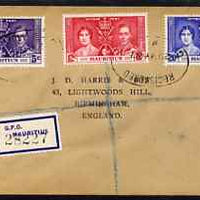 Mauritius 1937 KG6 Coronation set of 3 on reg cover with first day cancel addressed to the forger, J D Harris.,Harris was imprisoned for 9 months after Robson Lowe exposed him for applying forged first day cancels to Coronation co……Details Below