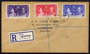 Mauritius 1937 KG6 Coronation set of 3 on reg cover with first day cancel addressed to the forger, J D Harris.,Harris was imprisoned for 9 months after Robson Lowe exposed him for applying forged first day cancels to Coronation co……Details Below
