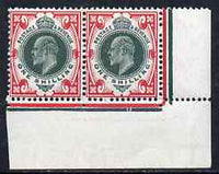 Great Britain 1911 KE7 1s green & scarlet SE corner pair showing two cut lines in rule below stamp 12, lightly mounted and fresh