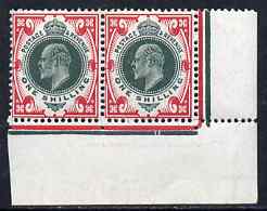 Great Britain 1911 KE7 1s green & scarlet SE corner pair showing two cut lines in rule below stamp 12, lightly mounted and fresh