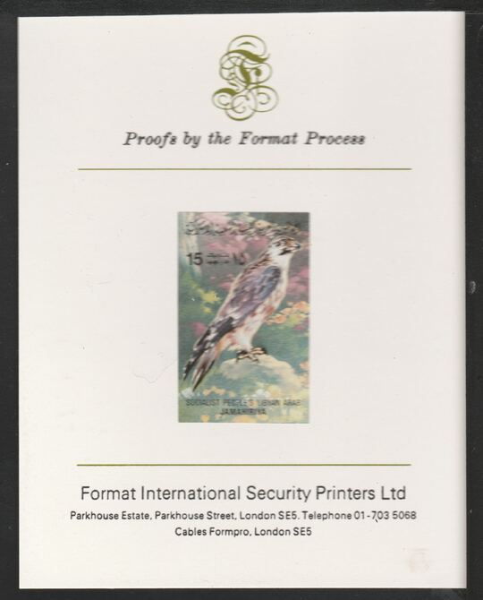 Libya 1982 Birds - Peregrine Falcon 15dh imperf mounted on Format International Proof Card, as SG1192