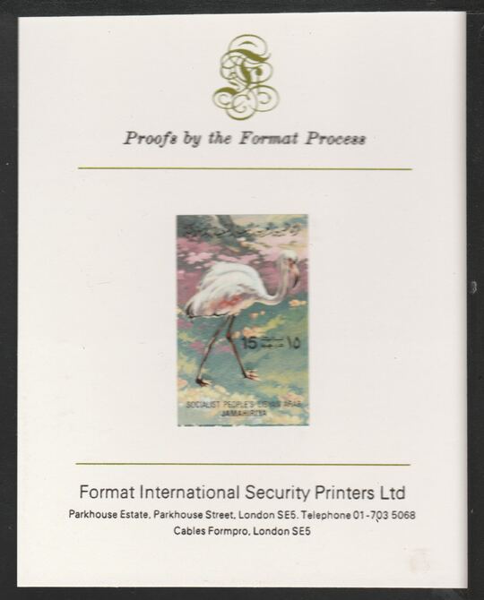 Libya 1982 Birds - Greater Flamingo 15dh imperf mounted on Format International Proof Card, as SG1193