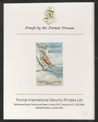 Libya 1982 Birds - Whitethroat 25dh imperf mounted on Format International Proof Card, as SG1194