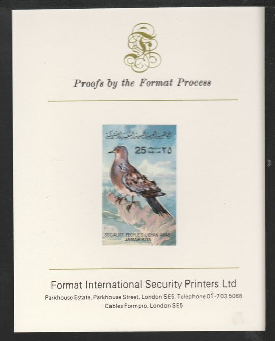 Libya 1982 Birds - Turtle Dove 25dh imperf mounted on Format International Proof Card, as SG1195