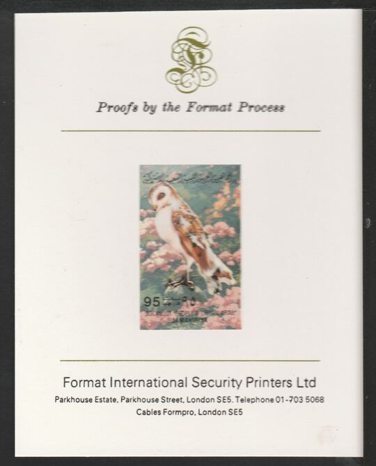 Libya 1982 Birds - Barn Owl 95dh imperf mounted on Format International Proof Card, as SG1203