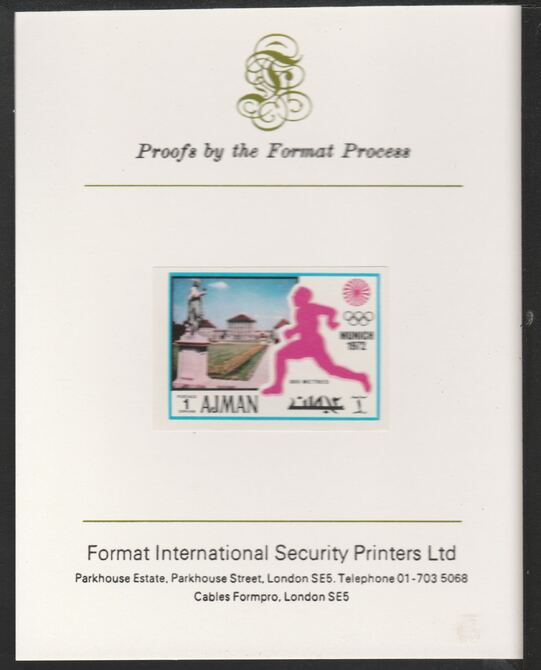 Ajman 1971 800 metres 1dh from Munich Olympics set, imperf proof mounted on Format International proof card, as Mi 726B