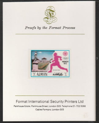 Ajman 1971 800 metres 1dh from Munich Olympics set, imperf proof mounted on Format International proof card, as Mi 726B