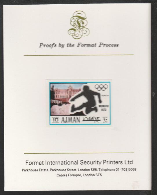 Ajman 1971 Hurdling 10dh from Munich Olympics set, imperf proof mounted on Format International proof card, as Mi 733B