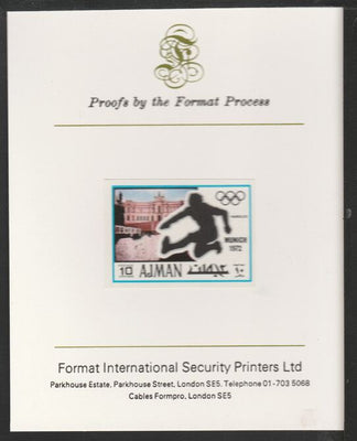 Ajman 1971 Hurdling 10dh from Munich Olympics set, imperf proof mounted on Format International proof card, as Mi 733B