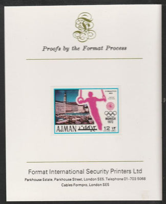 Ajman 1971 Rings 12dh from Munich Olympics set, imperf proof mounted on Format International proof card, as Mi 734B