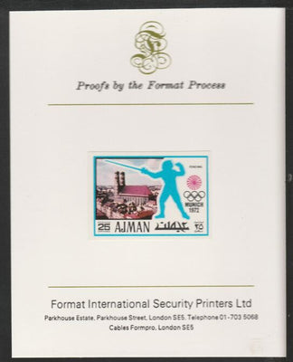 Ajman 1971 Fencing 25dh from Munich Olympics set, imperf proof mounted on Format International proof card, as Mi 737B