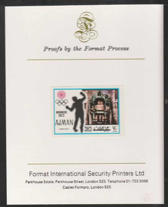 Ajman 1971 Shot Putt 30dh from Munich Olympics set, imperf proof mounted on Format International proof card, as Mi 738B