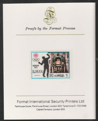 Ajman 1971 Shot Putt 30dh from Munich Olympics set, imperf proof mounted on Format International proof card, as Mi 738B