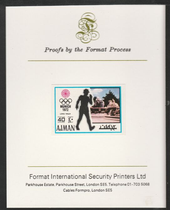 Ajman 1971 Walk 40dh from Munich Olympics set, imperf proof mounted on Format International proof card, as Mi 740B
