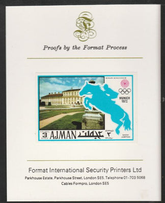 Ajman 1971 Show Jumping 3R from Munich Olympics set, imperf proof mounted on Format International proof card, as Mi 745B