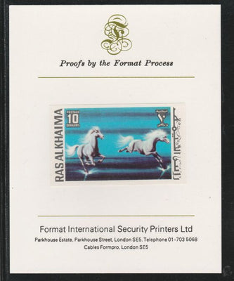 Ras Al Khaima 1972 Horses 10Dh,imperf mounted on Format International proof card, as Mi 656B