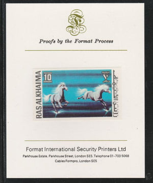 Ras Al Khaima 1972 Horses 10Dh,imperf mounted on Format International proof card, as Mi 656B