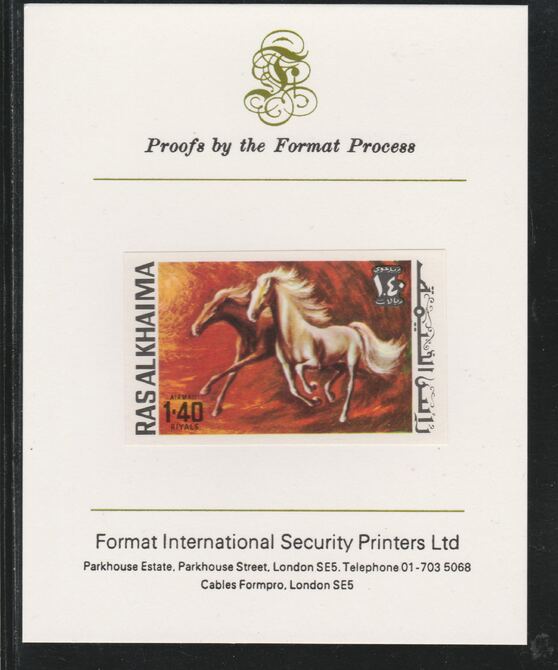 Ras Al Khaima 1972 Horses 1.4R,imperf mounted on Format International proof card, as Mi 659B