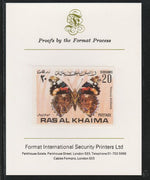 Ras Al Khaima 1972 Butterflies 20Dh,imperf mounted on Format International proof card, as Mi 615B