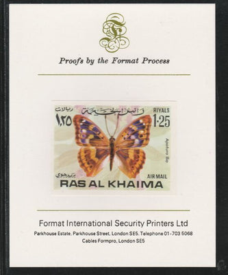 Ras Al Khaima 1972 Butterflies 1.25R,imperf mounted on Format International proof card, as Mi 617B