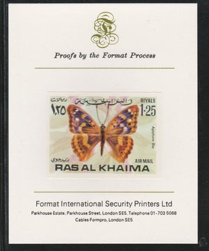 Ras Al Khaima 1972 Butterflies 1.25R,imperf mounted on Format International proof card, as Mi 617B