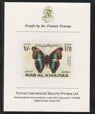 Ras Al Khaima 1972 Butterflies 1.70R,imperf mounted on Format International proof card, as Mi 619B