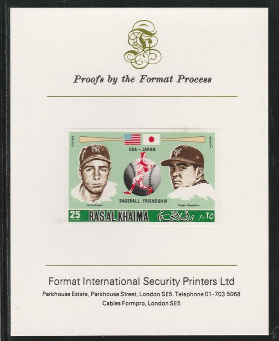 Ras Al Khaima 1972 Baseball USA & Japan 25Dh,imperf mounted on Format International proof card, as Mi 716B