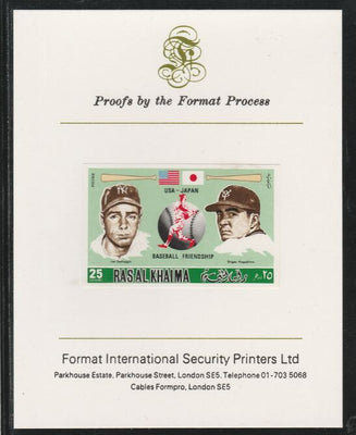 Ras Al Khaima 1972 Baseball USA & Japan 25Dh,imperf mounted on Format International proof card, as Mi 716B