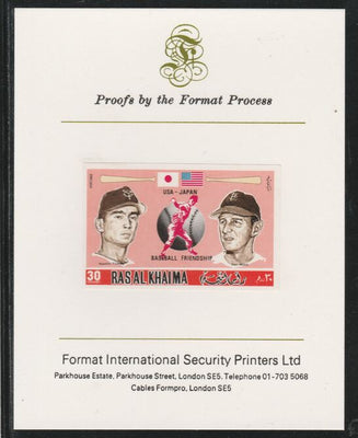 Ras Al Khaima 1972 Baseball USA & Japan 30Dh,imperf mounted on Format International proof card, as Mi 717B