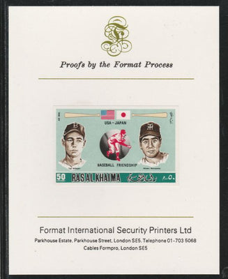 Ras Al Khaima 1972 Baseball USA & Japan 50Dh,imperf mounted on Format International proof card, as Mi 719B