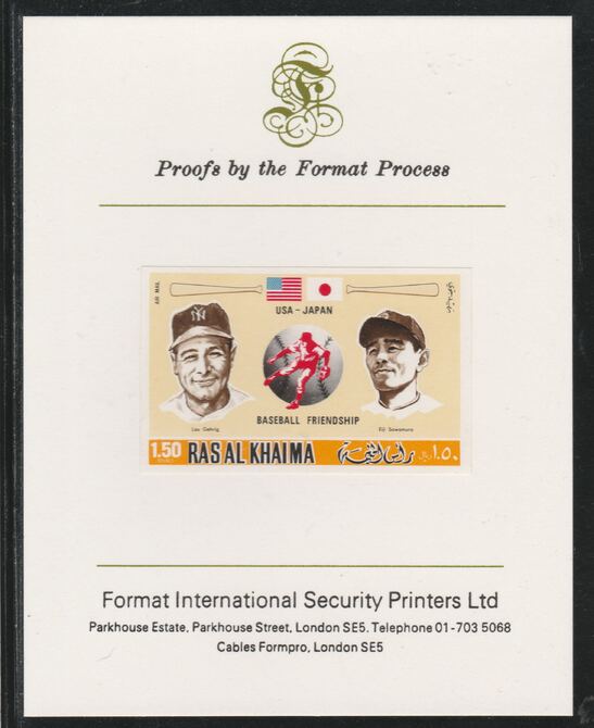 Ras Al Khaima 1972 Baseball USA & Japan 1.5R,imperf mounted on Format International proof card, as Mi 722B