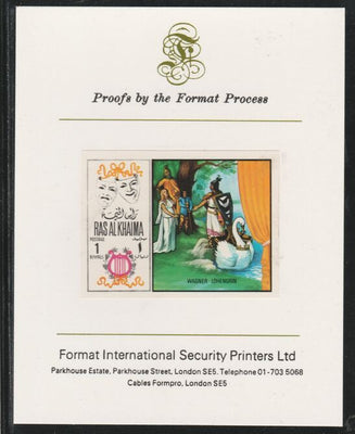 Ras Al Khaima 1969 Scenes from Operas 1R Lohengrim by Wagner,imperf mounted on Format International proof card, as Mi 284B