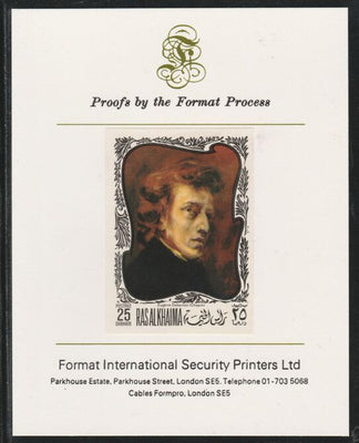 Ras Al Khaima 1969 Paintings of Composers - Chopin,25D imperf mounted on Format International proof card, as Mi 276B