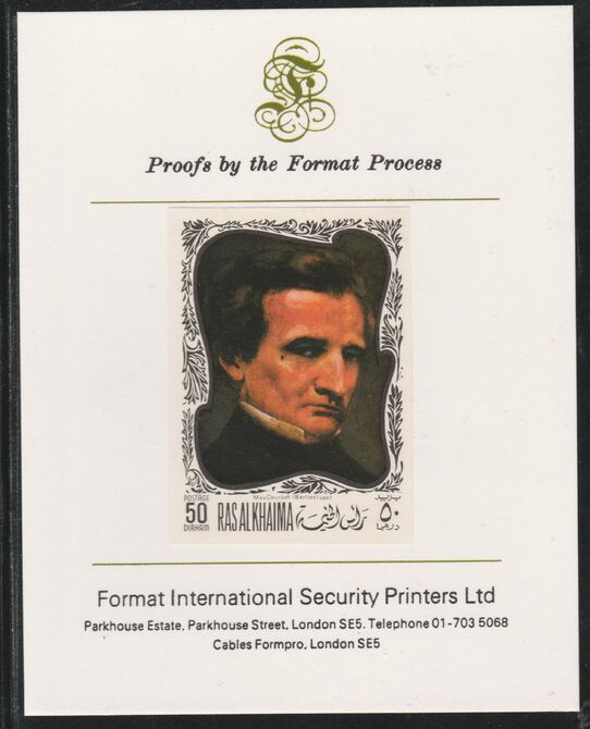 Ras Al Khaima 1969 Paintings of Composers - Berlioz 50D imperf mounted on Format International proof card, as Mi 277B