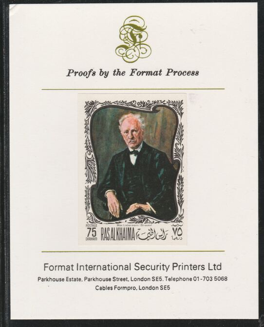 Ras Al Khaima 1969 Paintings of Composers - Strauss 75D imperf mounted on Format International proof card, as Mi 278B