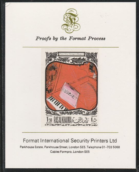 Ras Al Khaima 1969 Paintings of Composers - Mozart 1.5R imperf mounted on Format International proof card, as Mi 279B