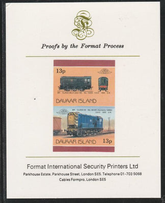 Davaar Island 1983 Locomotives #2 BR Class DEJ4 0-6-0 shunter 13p imperf se-tenant pair mounted on Format International proof card