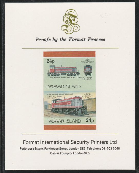 Davaar Island 1983 Locomotives #2 Gulf, Mobile & Ohio Class S-1 loco 24p imperf se-tenant pair mounted on Format International proof card