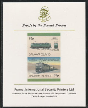 Davaar Island 1983 Locomotives #2 DRB Class E42 Bo-Bo loco 85p imperf se-tenant pair mounted on Format International proof card