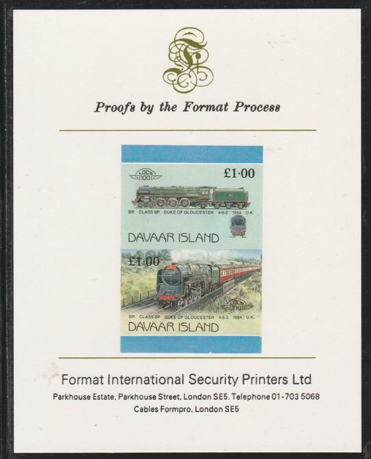 Davaar Island 1983 Locomotives #2 Duke of Gloucester 4-6-2 loco £1 imperf se-tenant pair mounted on Format International proof card