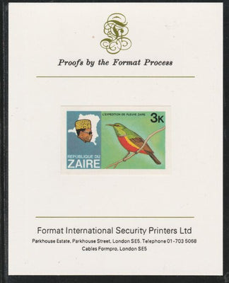 Zaire 1979 River Expedition 3k Sunbird imperf mounted on Format International proof card as SG953