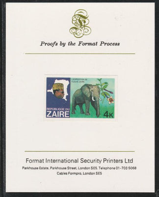 Zaire 1979 River Expedition 4k Elephant imperf mounted on Format International proof card as SG 954