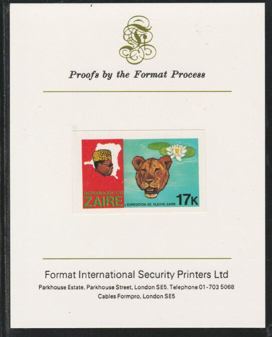 Zaire 1979 River Expedition 17k (Leopard & Water Lily) imperf mounted on Format International proof card as SG 957