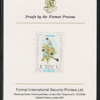 Ajman 1971 Exotic Birds - Hooded Treepie 1Dh imperf mounted on Format International proof card as Mi 879B