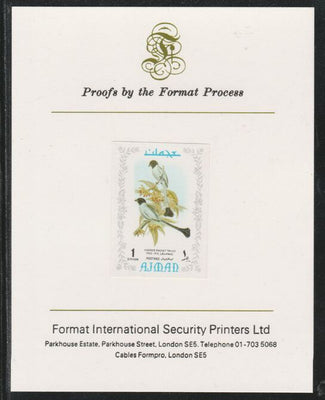 Ajman 1971 Exotic Birds - Hooded Treepie 1Dh imperf mounted on Format International proof card as Mi 879B