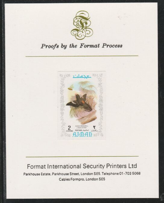Ajman 1971 Exotic Birds - Dusky Broadbill 2Dh imperf mounted on Format International proof card as Mi 880B