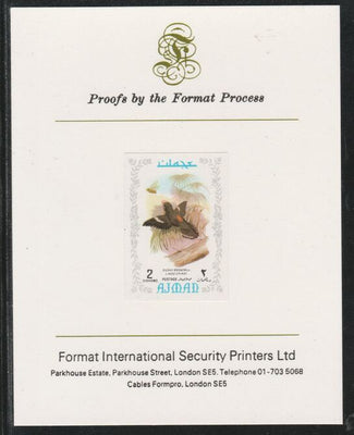 Ajman 1971 Exotic Birds - Dusky Broadbill 2Dh imperf mounted on Format International proof card as Mi 880B