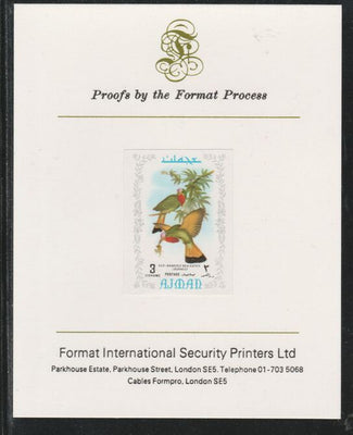 Ajman 1971 Exotic Birds - Red-Bearded Bee-Eater 3Dh imperf mounted on Format International proof card as Mi 881B