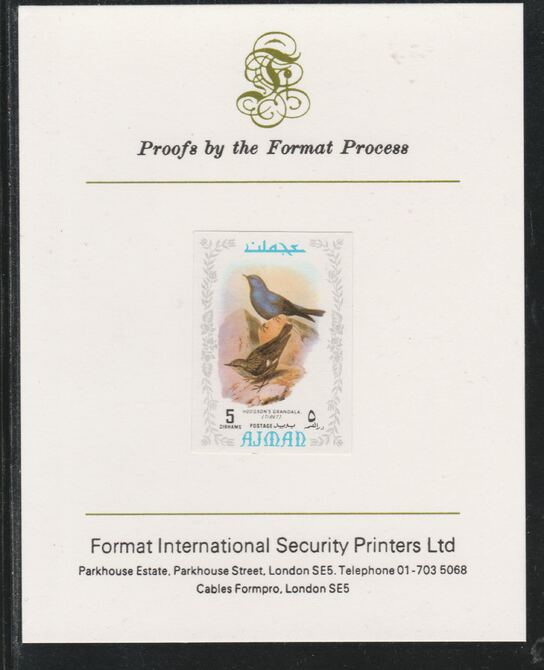 Ajman 1971 Exotic Birds - Grandala 5Dh imperf mounted on Format International proof card as Mi 882B