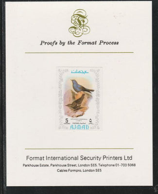 Ajman 1971 Exotic Birds - Grandala 5Dh imperf mounted on Format International proof card as Mi 882B
